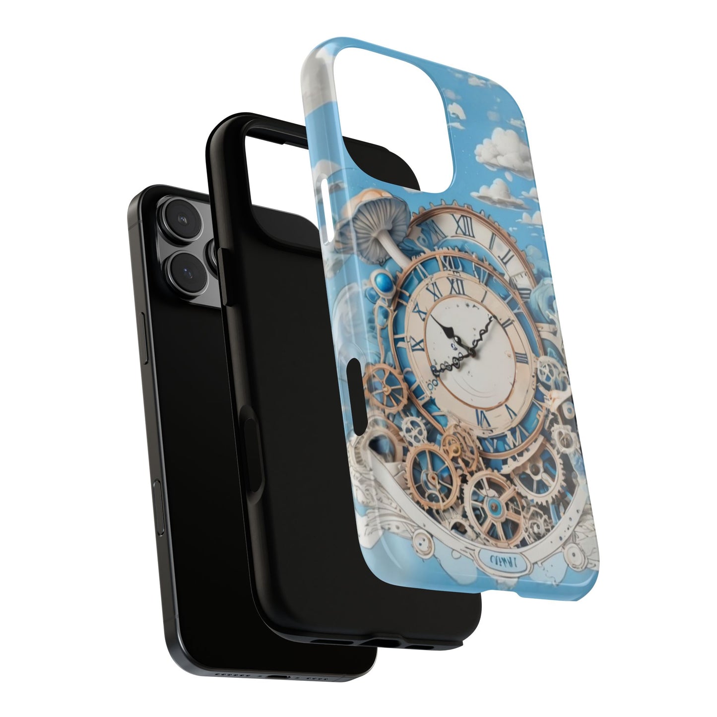 Phone Case, Vintage Clock and Steampunk Gears Design, Whimsical Blue Phone Cover, Tough Cases for Dreamers, iphone 17 case