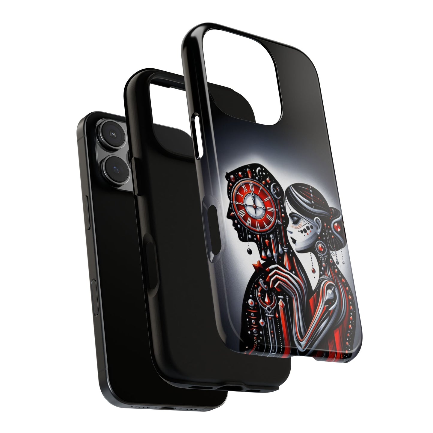 Phone Cases, Woman Embracing Clock, Gothic Red Black Design, Romantic Surreal Tough Covers, Personalized Custom Cases
