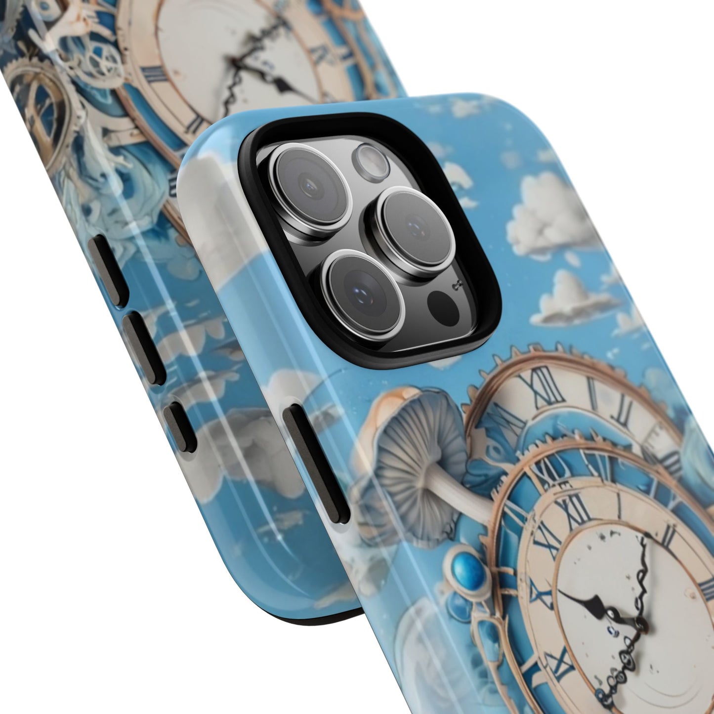 Phone Case, Vintage Clock and Steampunk Gears Design, Whimsical Blue Phone Cover, Tough Cases for Dreamers, iphone 17 case