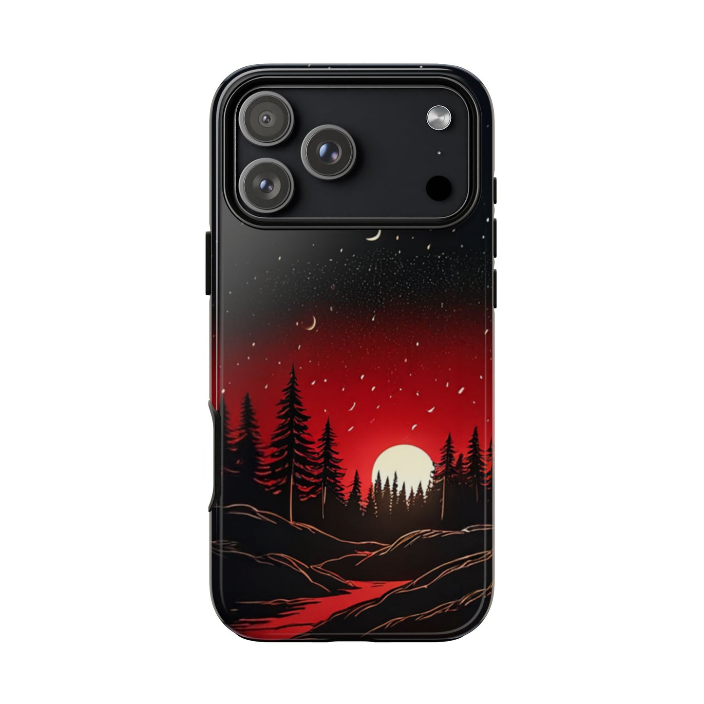 Phone Case, Nature Sunset Red Black Forest River Stars Candles, Protective Cover, Strong Shell, Tough Shell, iPhone 17 case