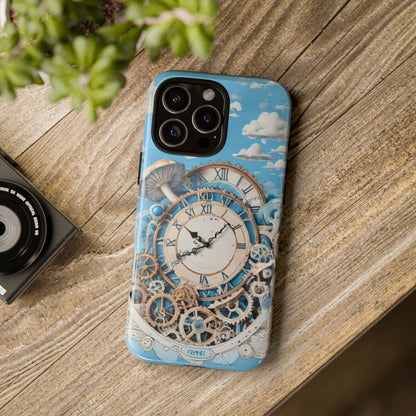 Phone Case, Vintage Clock and Steampunk Gears Design, Whimsical Blue Phone Cover, Tough Cases for Dreamers, iphone 17 case