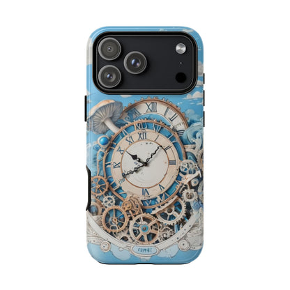 Phone Case, Vintage Clock and Steampunk Gears Design, Whimsical Blue Phone Cover, Tough Cases for Dreamers, iphone 17 case