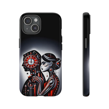 Phone Cases, Woman Embracing Clock, Gothic Red Black Design, Romantic Surreal Tough Covers, Personalized Custom Cases