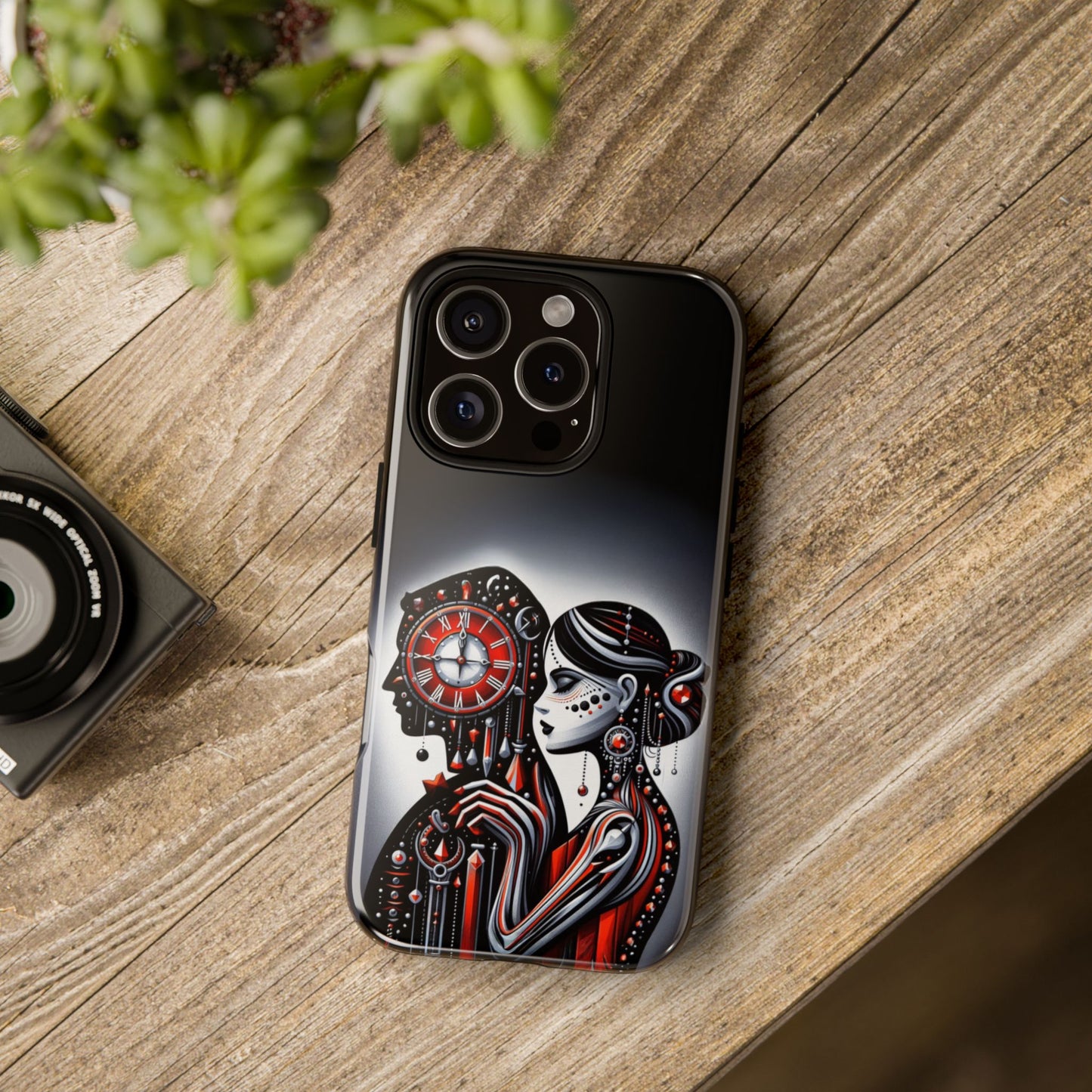 Phone Cases, Woman Embracing Clock, Gothic Red Black Design, Romantic Surreal Tough Covers, Personalized Custom Cases